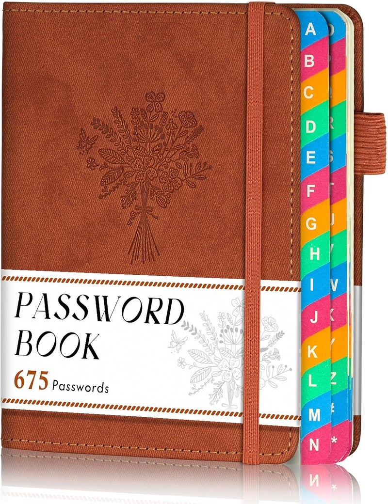 hi!SCI Password Keeper Book with Colorful Alphabetical Tabs, Small Pocket Password Logbook for Seniors, 4.7 x 6.2" Internet Website Address Organizer, Stores 675 Passwords (Sienna) - Image 1